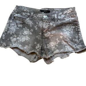 Forever 21 Floral Rose Gray Jean Cutoff Shorts Frayed Hem